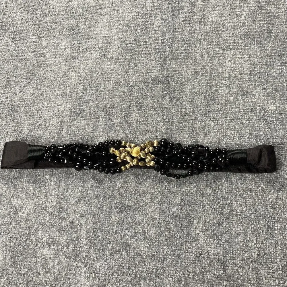 VTG Carolyn Tanner Beaded‎ Belt Women M Black Gold Adjustable Statement 80s 90s